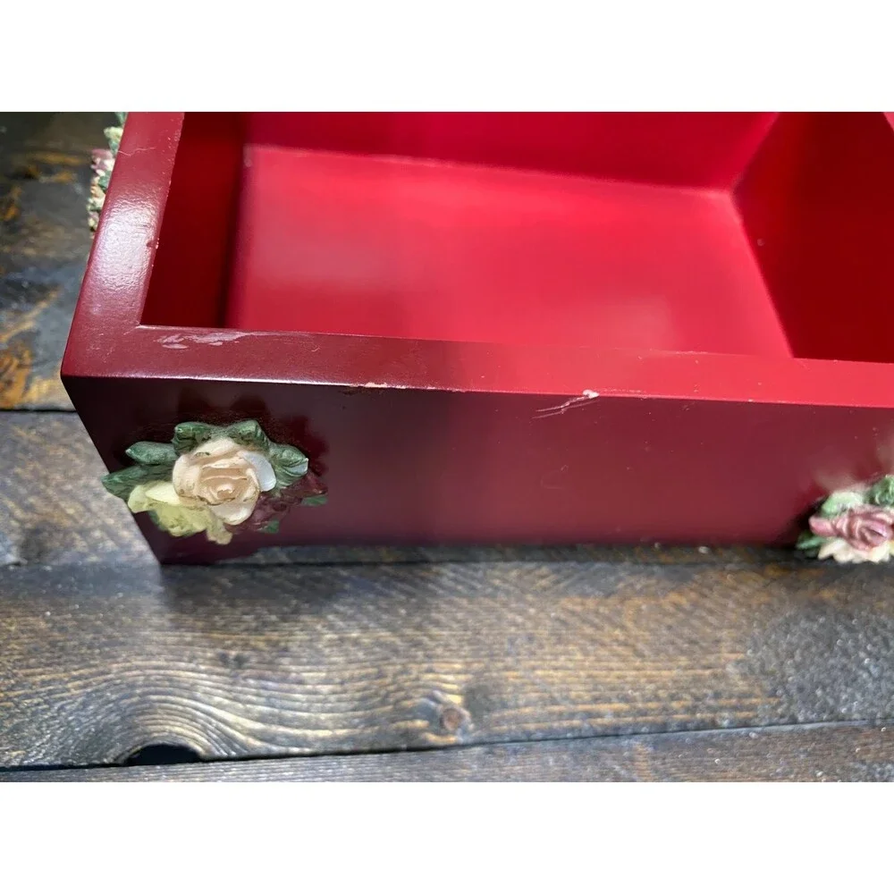 Set 2 Red Wood 4 Drawer Jewelry Chest With Resin Flowers And Trinket Photo Box